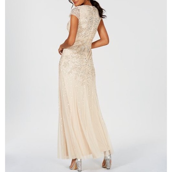 Sz 14 Adrianna Papell beaded chiffon floor-length gown, Almond color, NWT - Picture 14 of 15